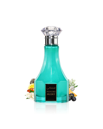 khadlaj musky pistachio perfume bottle  surrounded with fragrance notes like jasmine and melon shows from behind the bottle against white background