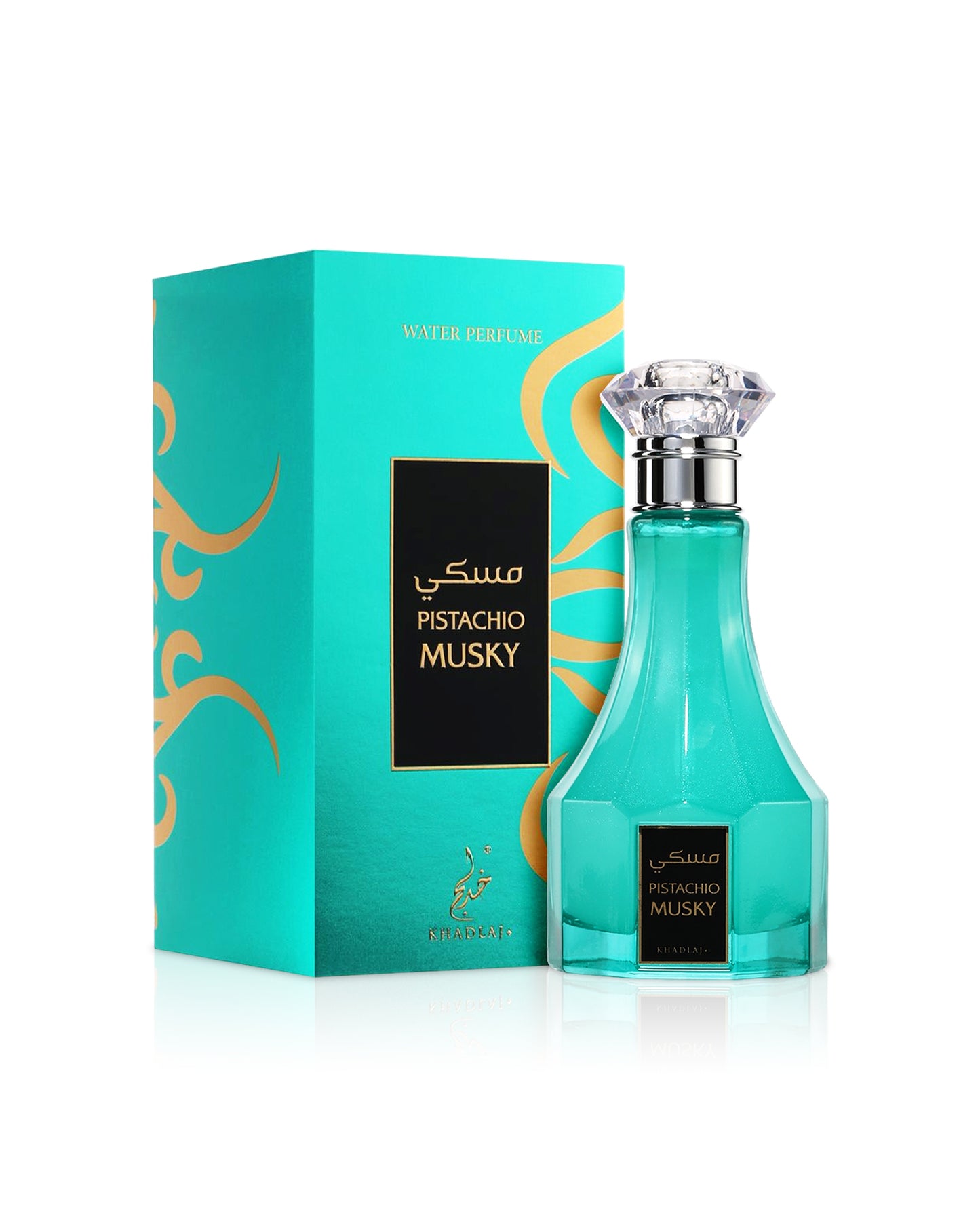 khadlaj musky pistachio perfume bottle shows beside its box against white background