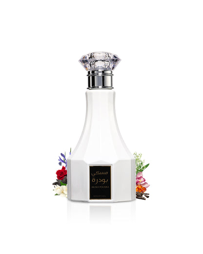 khadlaj musky poudra water perfume bottle surrounded with fragrance notes like rose and amber show from behind the bottle against white background