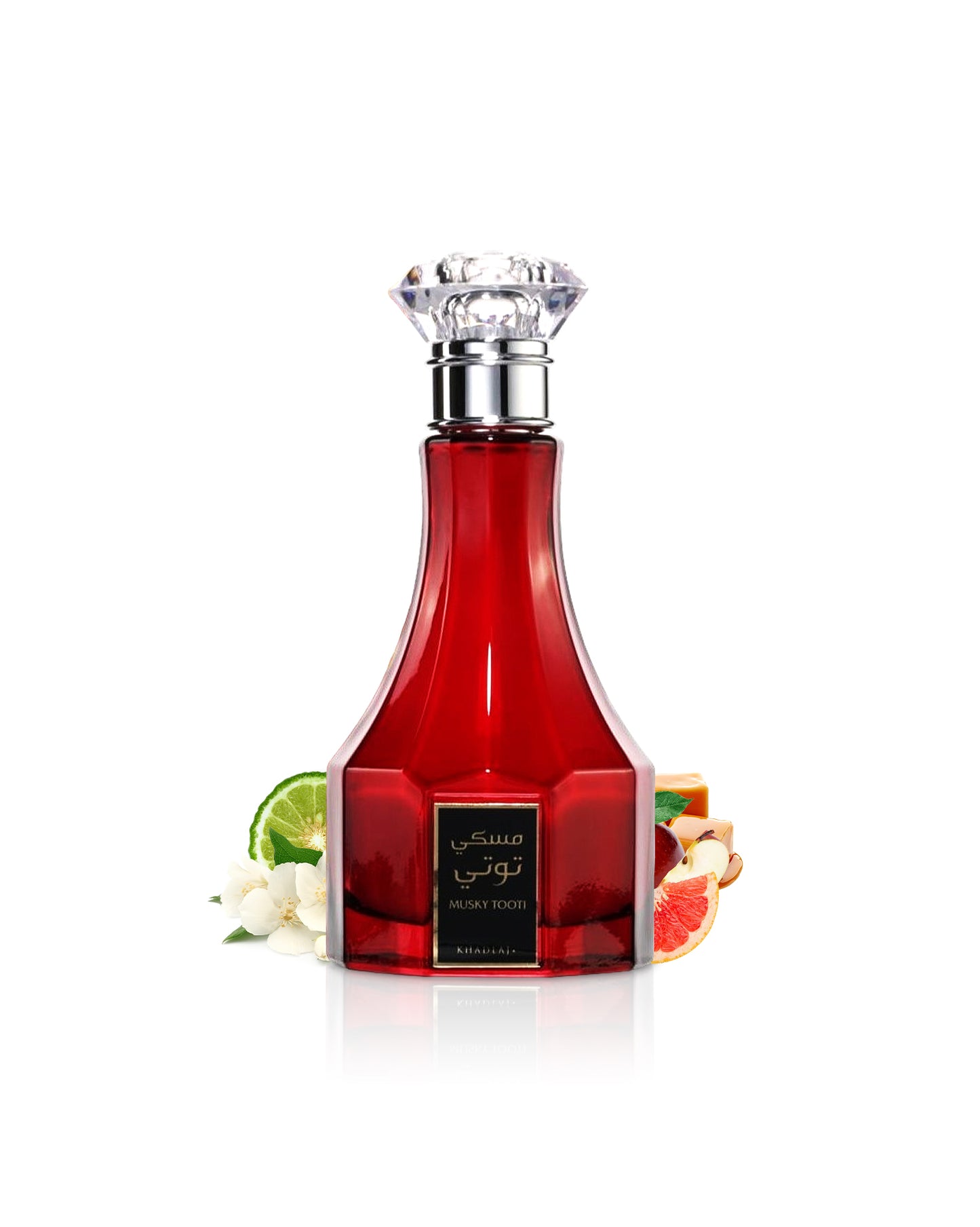 khadlaj musky tooti water perfume bottle surrounded with fragrance notes like fruits and flowers shows against white background