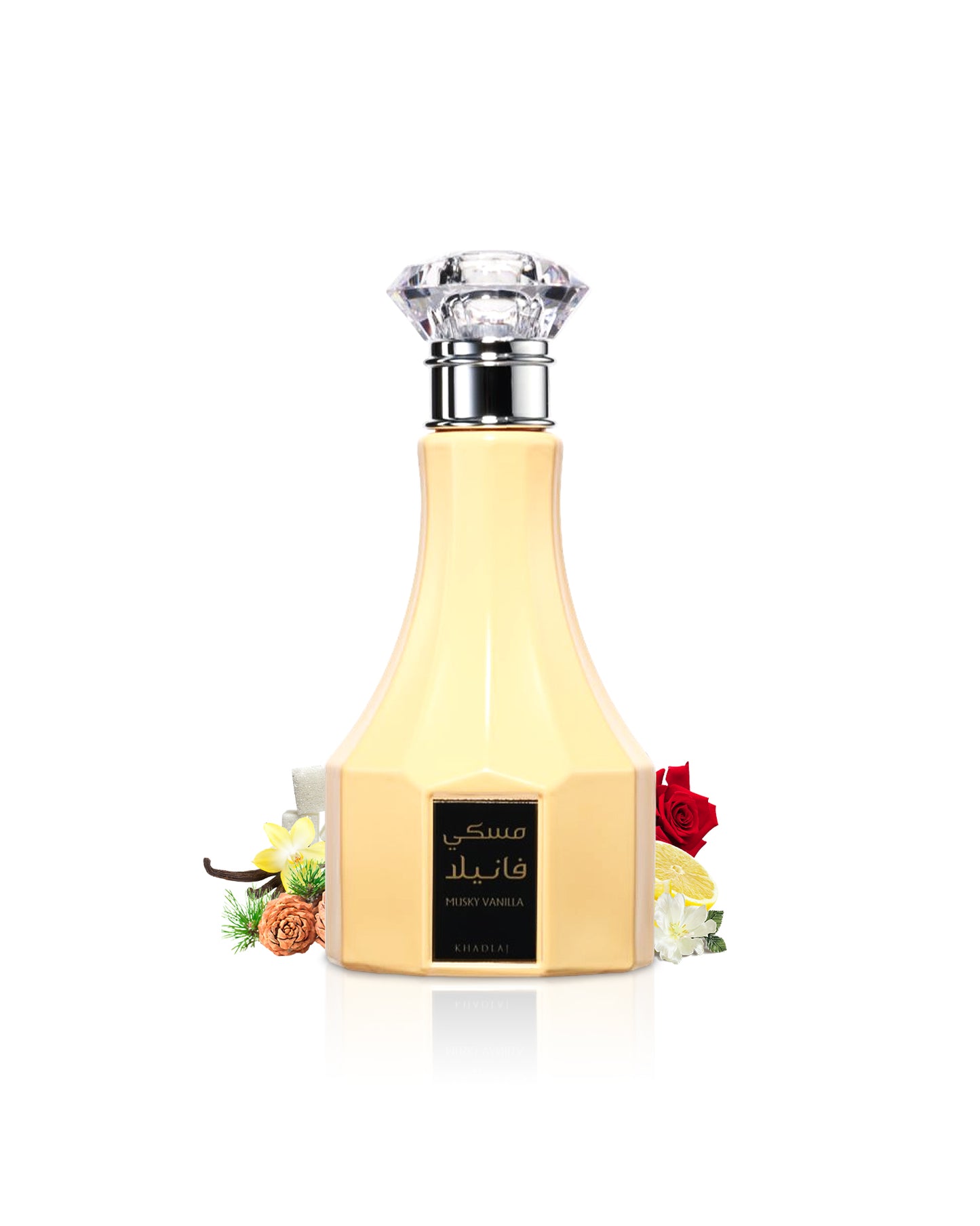 khadlaj musky vanilla water perfume bottle surrounded with fragrance notes like flowers and vanilla shows against white background