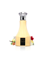 khadlaj musky vanilla water perfume bottle surrounded with fragrance notes like flowers and vanilla shows against white background
