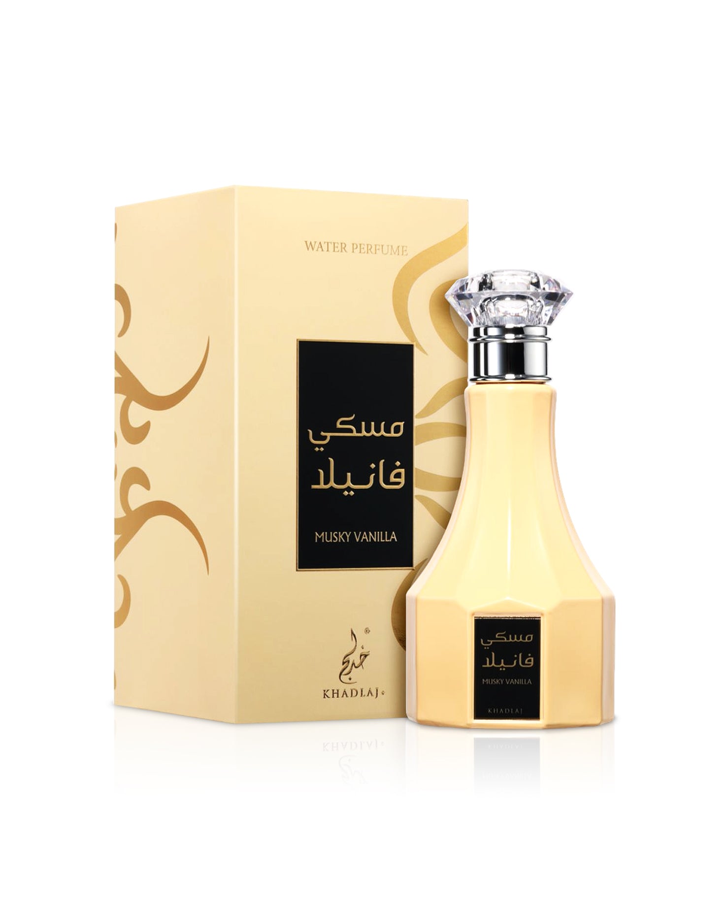 khadlaj musky vanilla water perfume bottle shows beside its box against white background