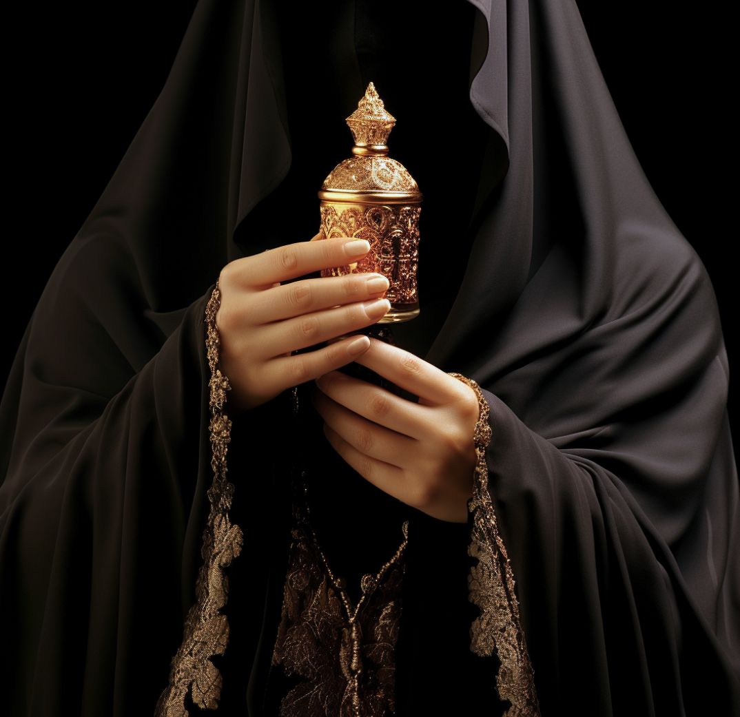 muslim women perfume bottle holding with hand