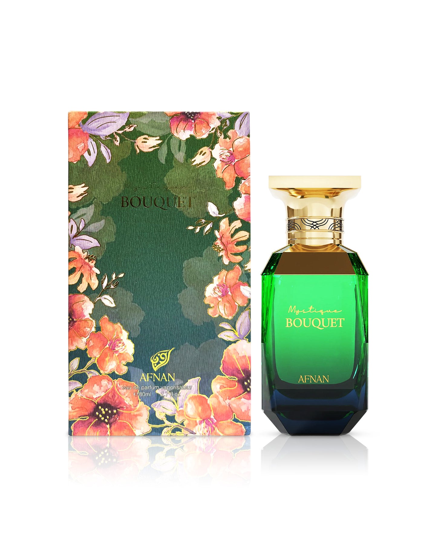 afnan mystique bouquet perfume bottle shows beside its box against white background