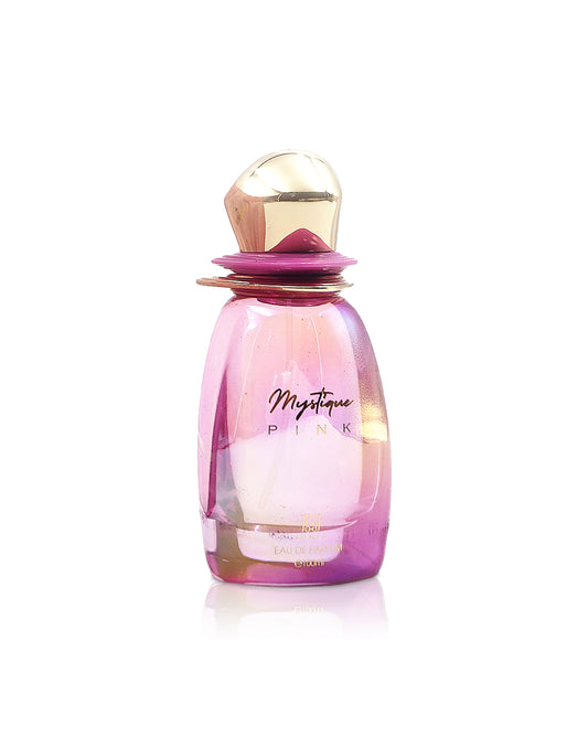 ahmed al maghribi mystique pink perfume bottle shows against white bakground