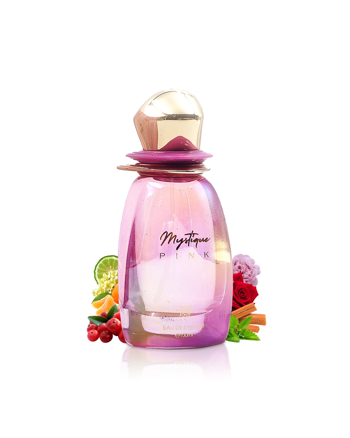 ahmed al maghribi mystique pink perfume bottle surrounded with fragrance notes like pink papper and rose shows from behind the bottle against white bakground