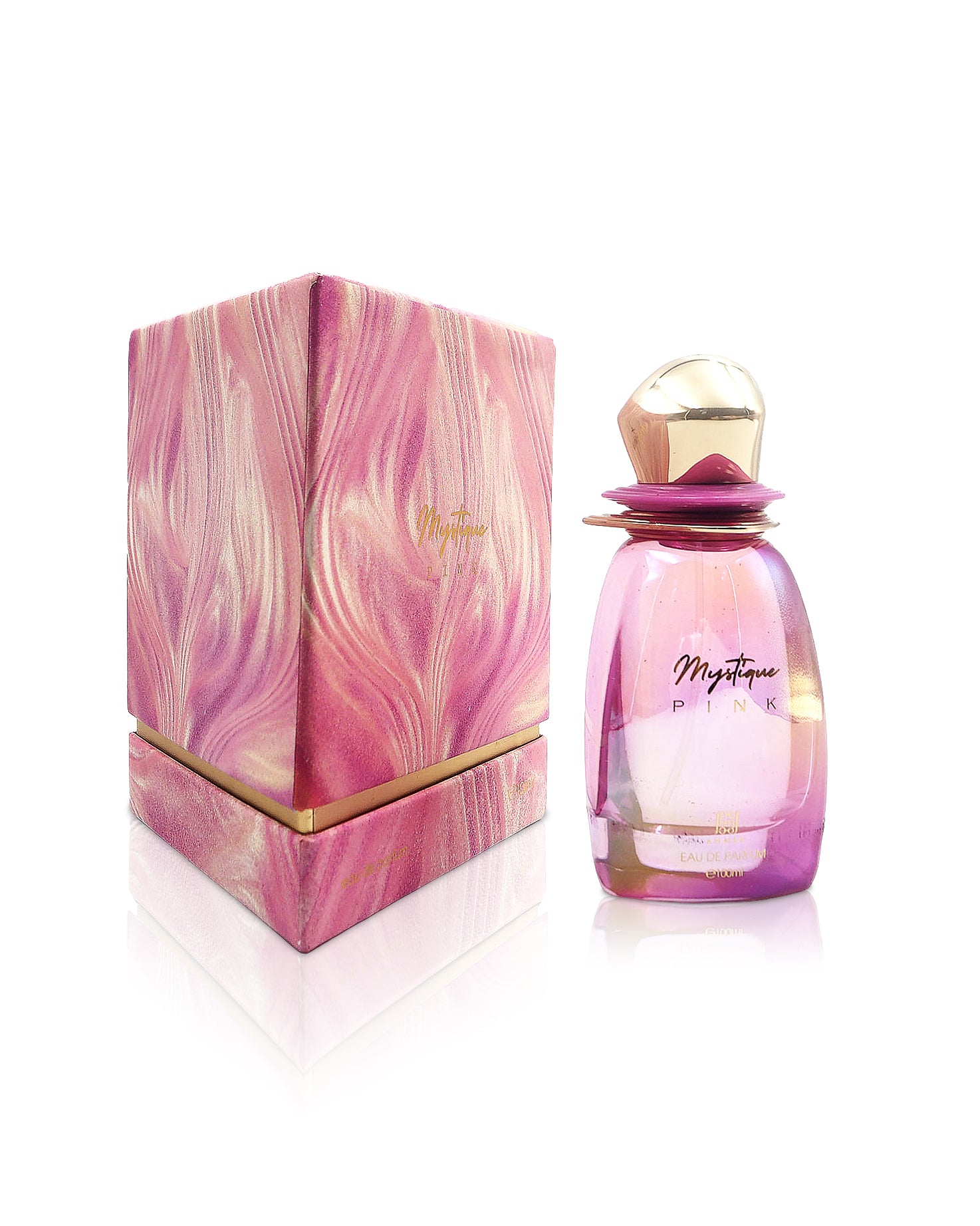 ahmed al maghribi mystique pink perfume bottle shows beside its box against white bakground