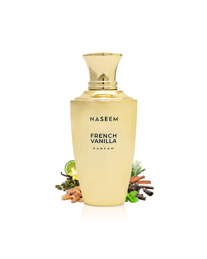 naseem french vanilla aqua parfum bottle surrounded with fragrance notes like vanilla and benzoin shows against white background