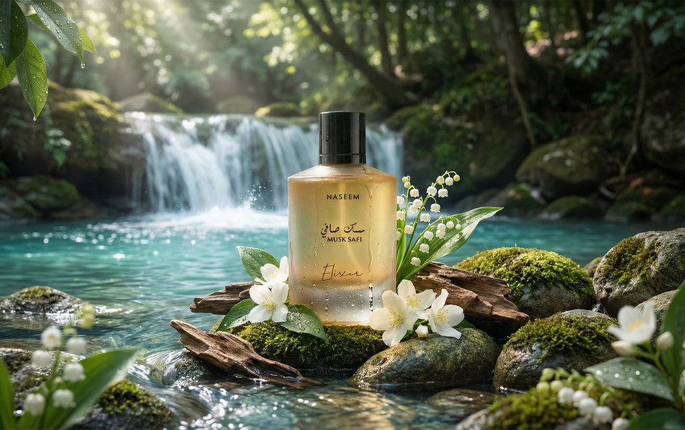 naseem-musk-safi-elixir Perfume bottle on a rock with flowers and a waterfall in the background