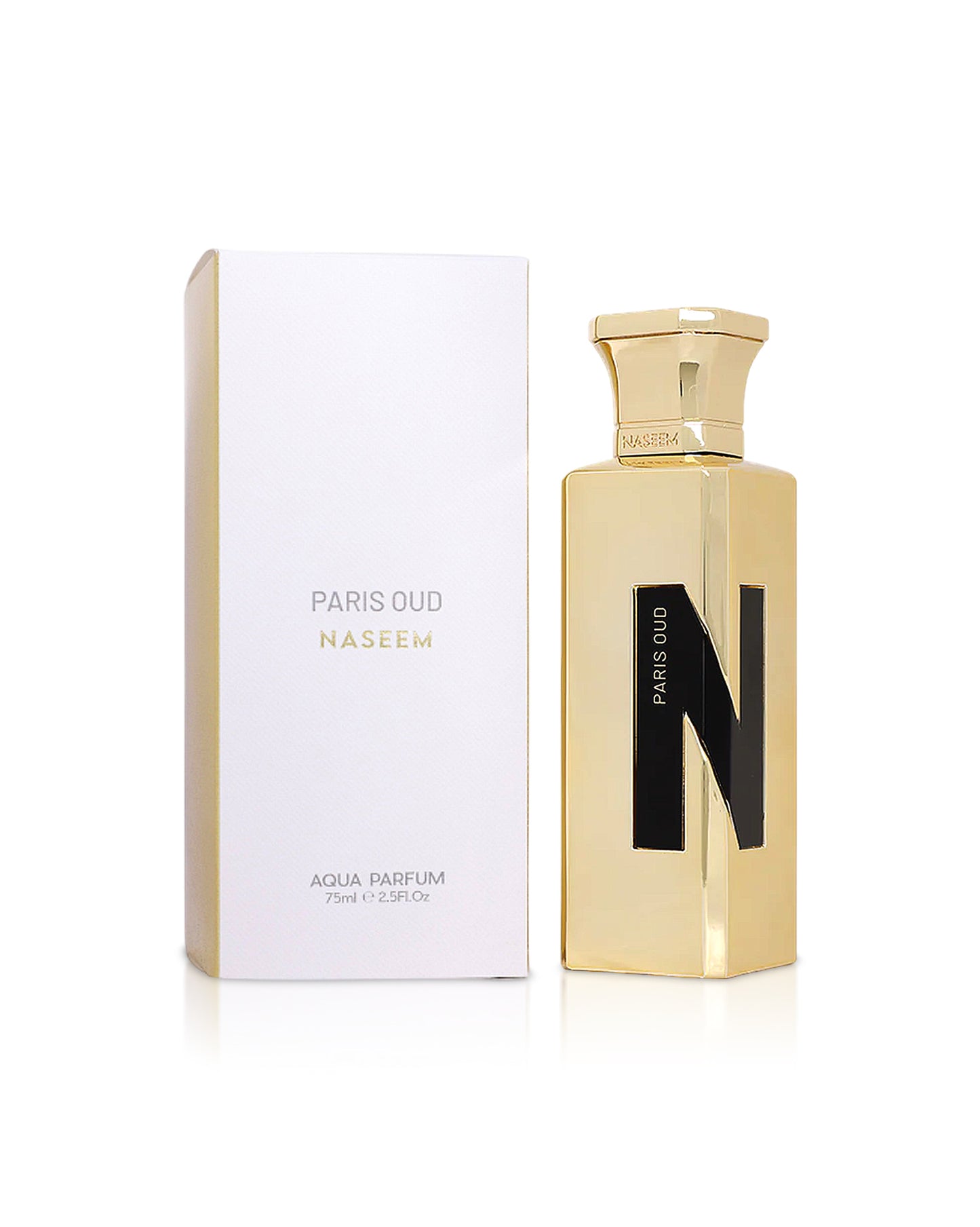 naseem paris oud perfume bottle shows beside its box against white background