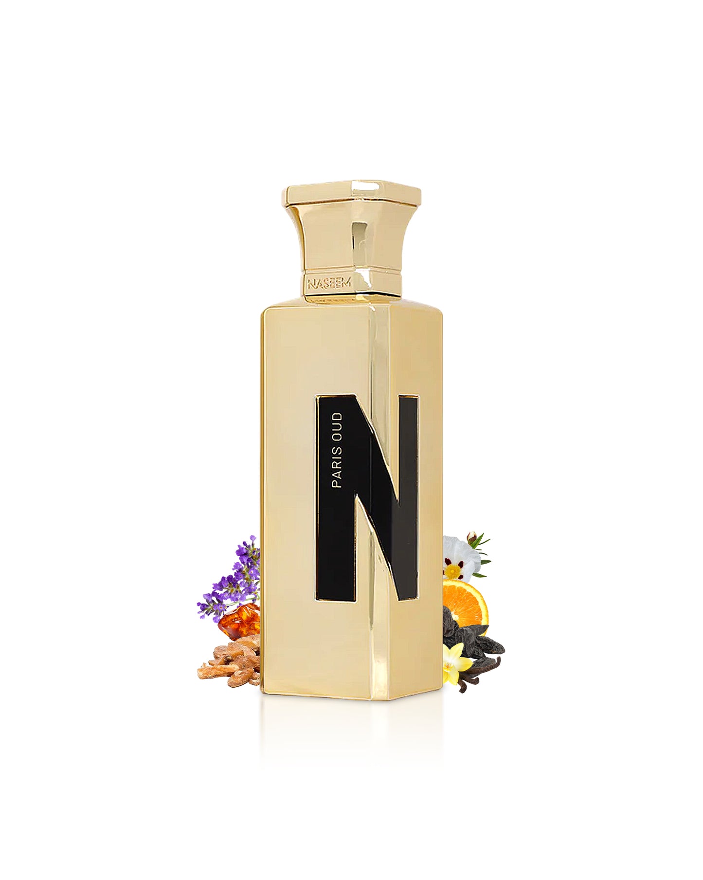 naseem paris oud perfume bottle surrounded with fragrance notes like amber and vanilla shows against white background