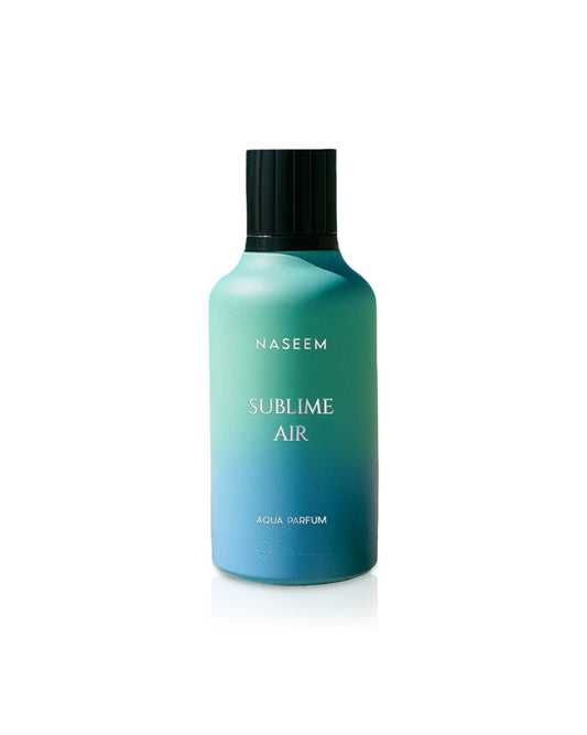Blue bottle of Naseem Sublime Air on a white background