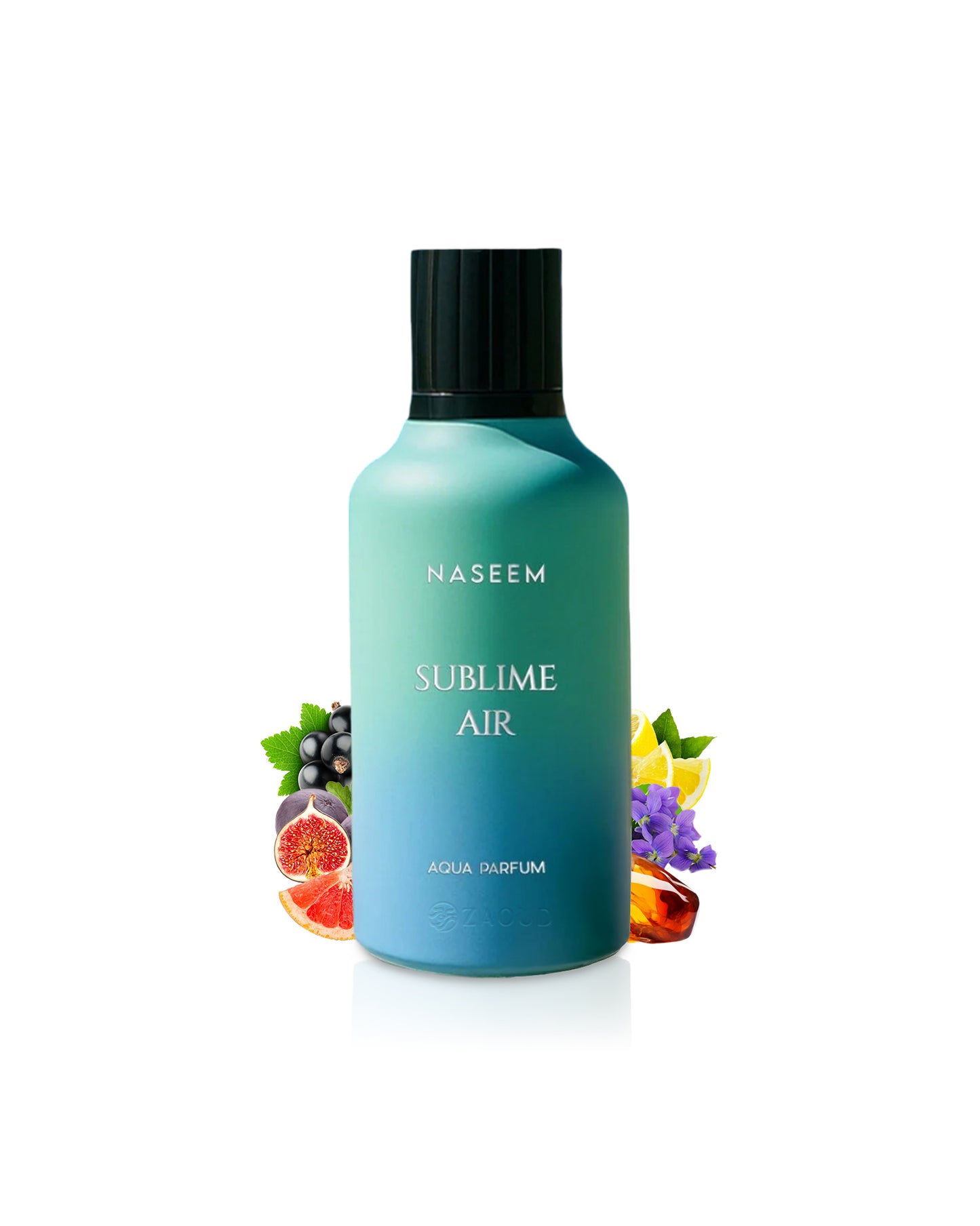 Naseem Sublime Air perfume bottle with fruit illustrations on a white background