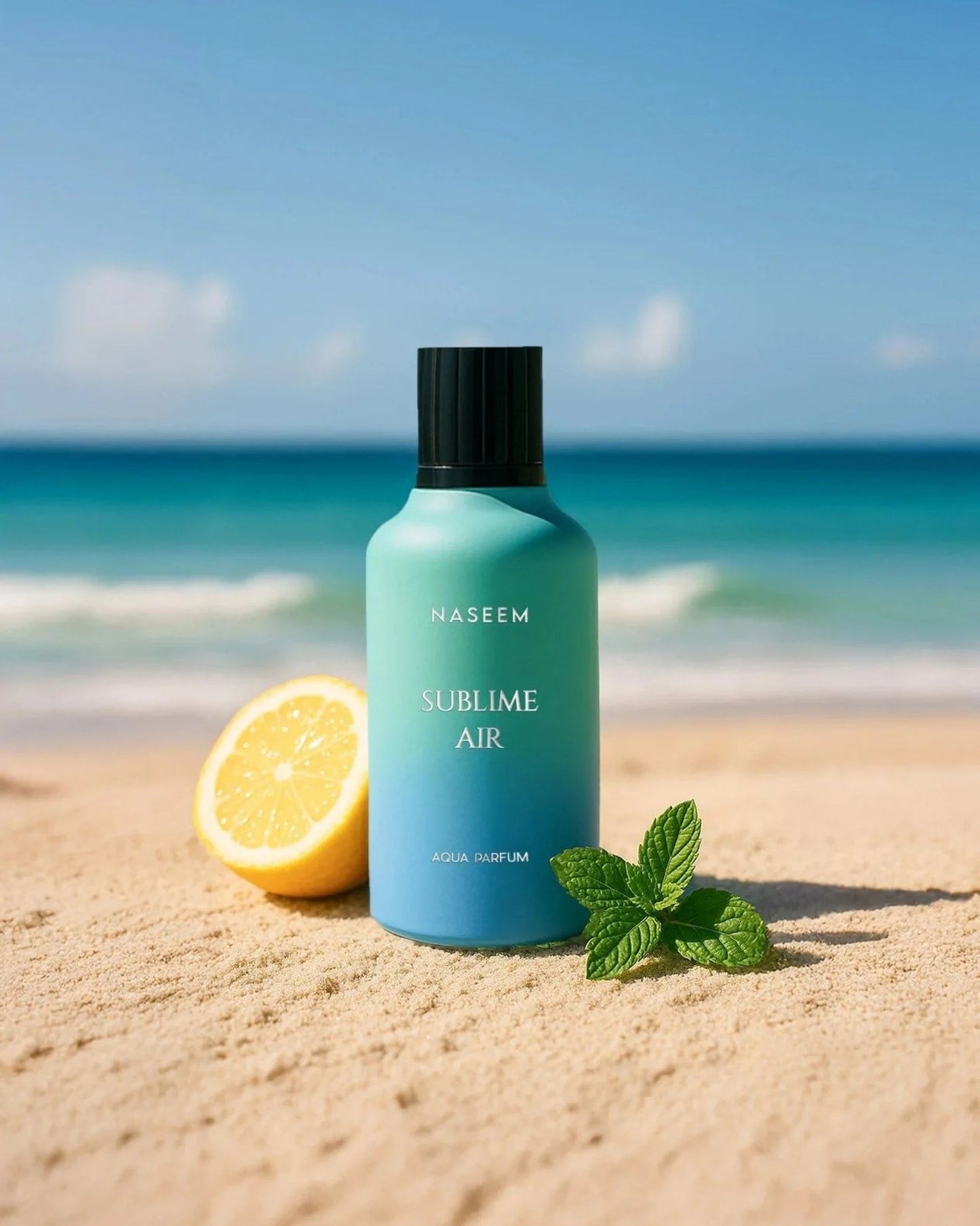 Blue bottle labeled 'Naseem Sublime Air' on a sandy beach with a lemon and mint leaves.