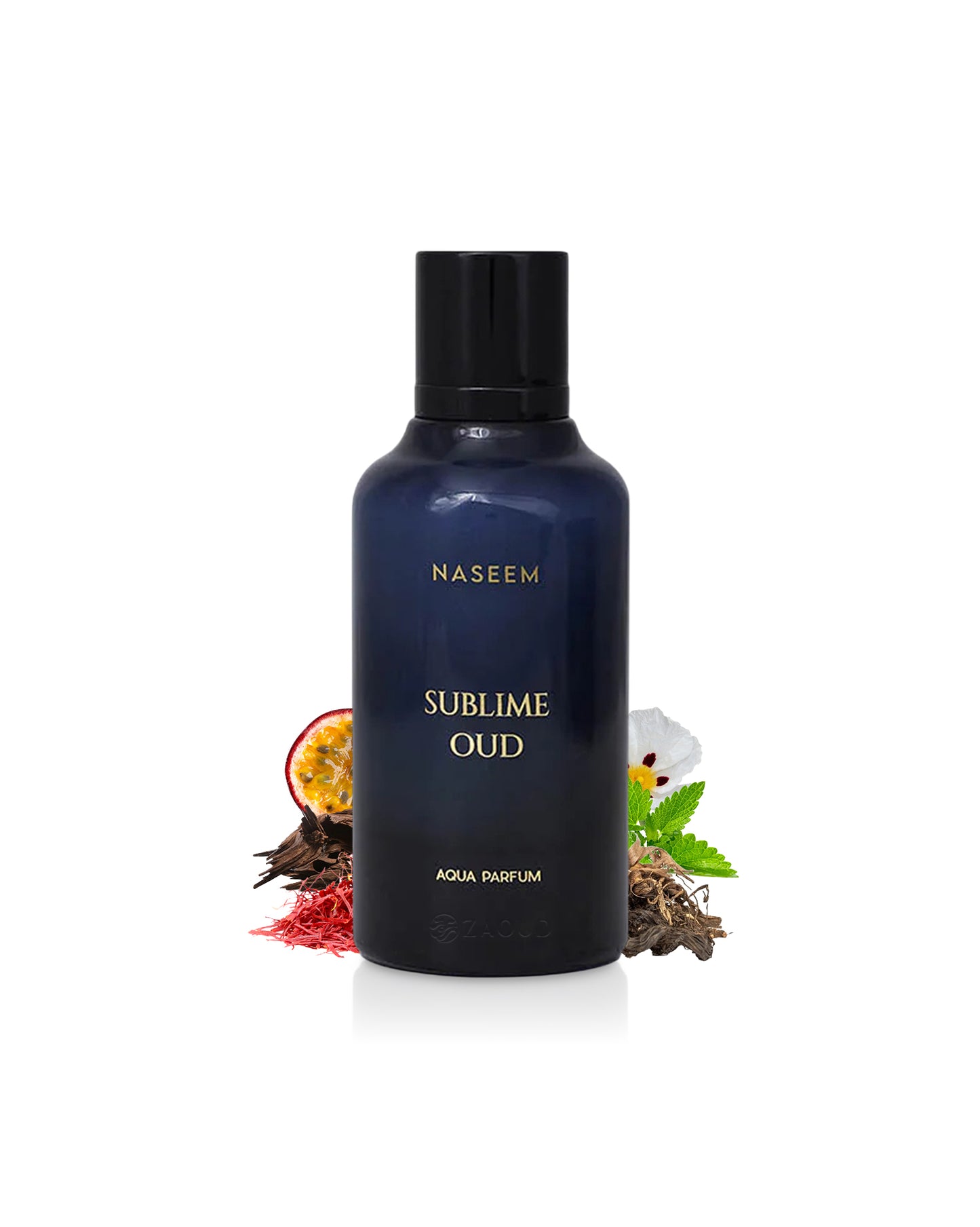 Naseem Sublime Oud perfume bottle with natural elements like saffron and passion fruit on a white background 