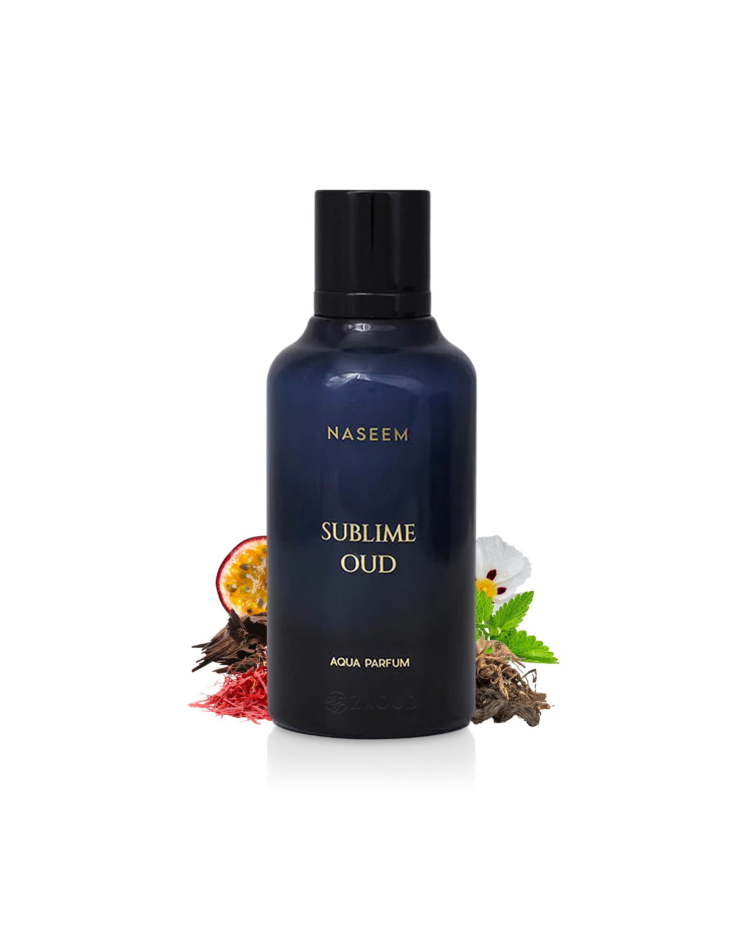 Naseem Sublime Oud perfume bottle with natural elements like saffron and passion fruit on a white background 