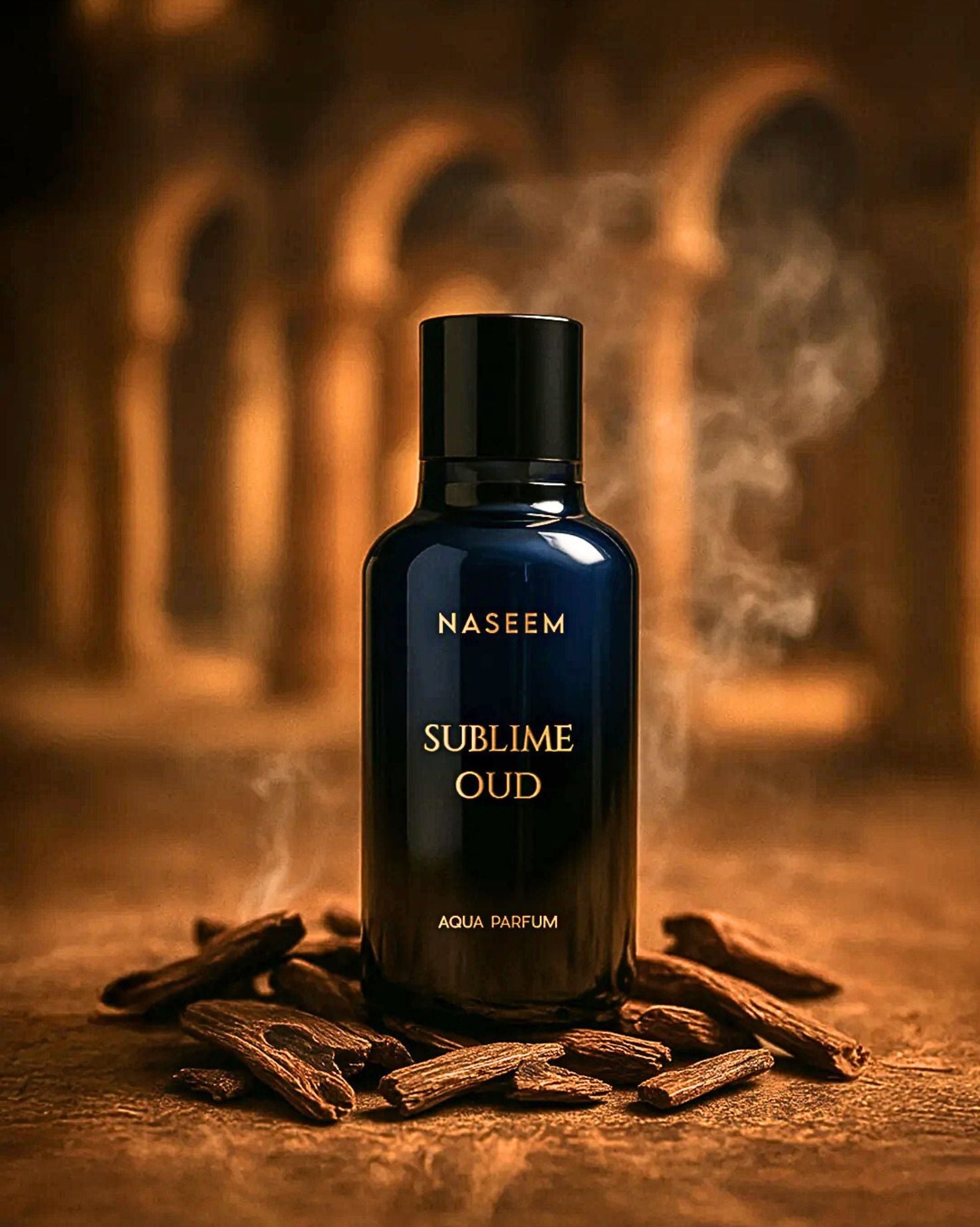 Naseem Sublime Oud perfume bottle with oudh sticks on a textured surface.