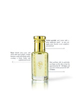 nazar perfume oil bottle with a gold cap and gold-embossed label, shown on a white background with descriptive text callouts.