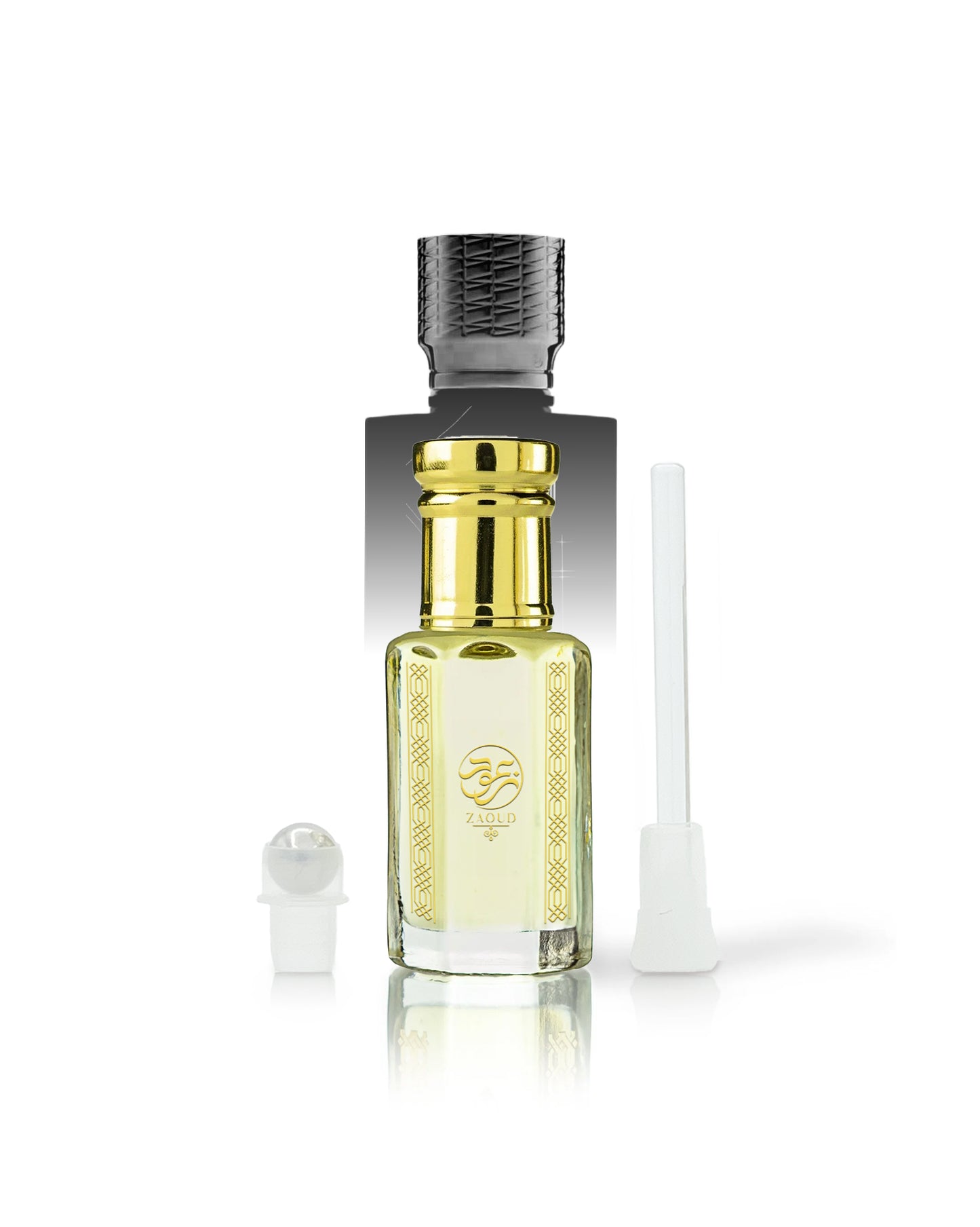 nazar perfume oil bottle with a shiny gold neck and a textured black cap, shown on a white background with its cap off and a white applicator wand beside it.