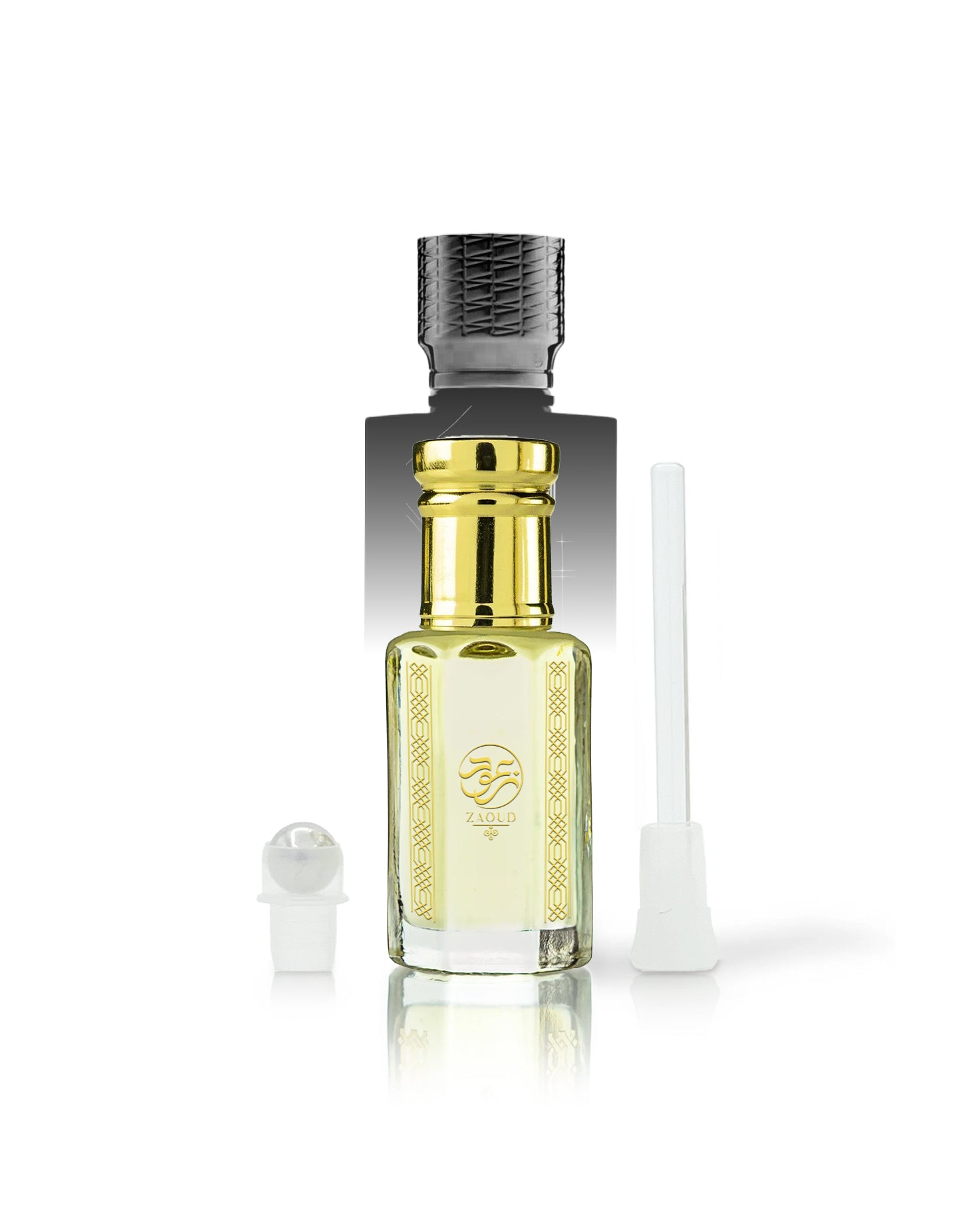 nazar perfume oil bottle with a shiny gold neck and a textured black cap, shown on a white background with its cap off and a white applicator wand beside it.
