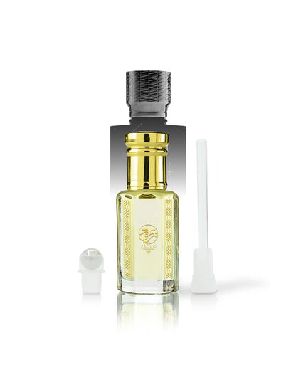 nazar perfume oil bottle with a shiny gold neck and a textured black cap, shown on a white background with its cap off and a white applicator wand beside it.