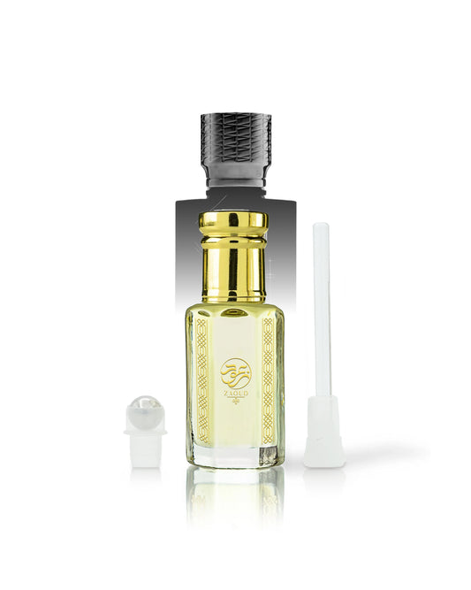 nazar perfume oil bottle with a shiny gold neck and a textured black cap, shown on a white background with its cap off and a white applicator wand beside it.
