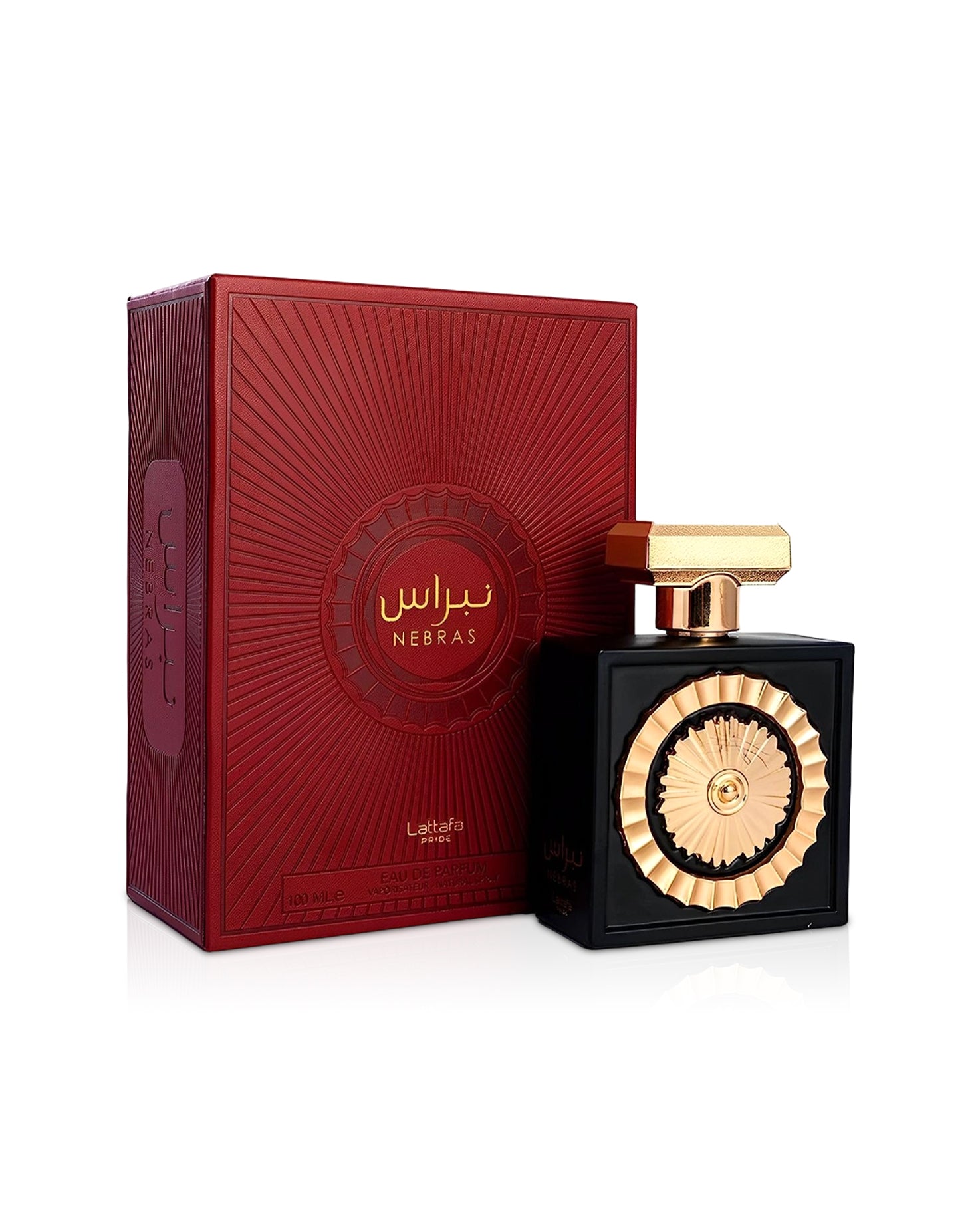 lattafa nebras perfume bottle shows beside its box against white background