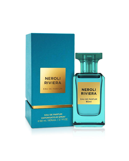 neroli riviera by fragrance world perfume bottle shows beside its box against white background