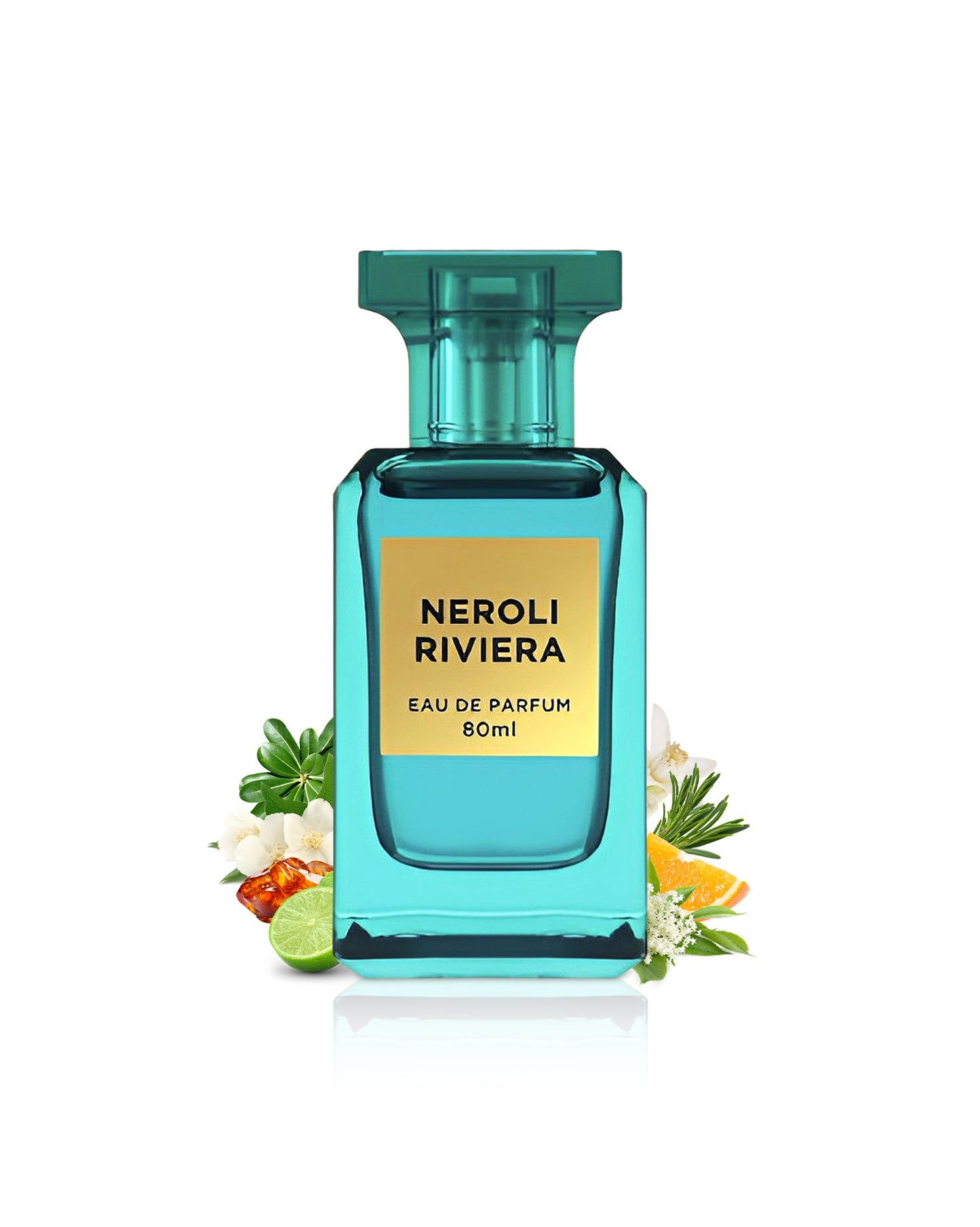 neroli riviera by fragrance world perfume bottle surrounded with its ingredients like citrus and amber beside many others like rosemary and jasmine shows from behind the bottle against white background