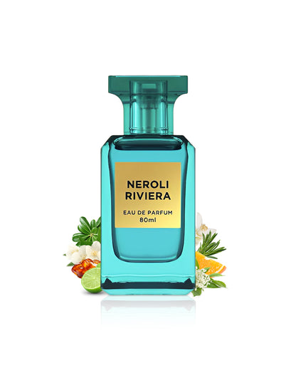 neroli riviera by fragrance world perfume bottle surrounded with its ingredients like citrus and amber beside many others like rosemary and jasmine shows from behind the bottle against white background