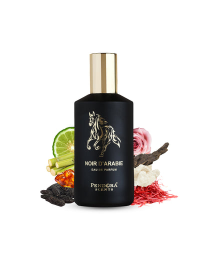 Noir d'arabie edp perfume bottle surrounded by it's ingredients like tonka beans, saffron, and rose behind bottle showing against white background