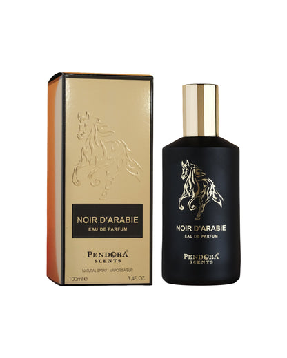 Noir d'arabie edp black perfume bottle besides it's box against white background