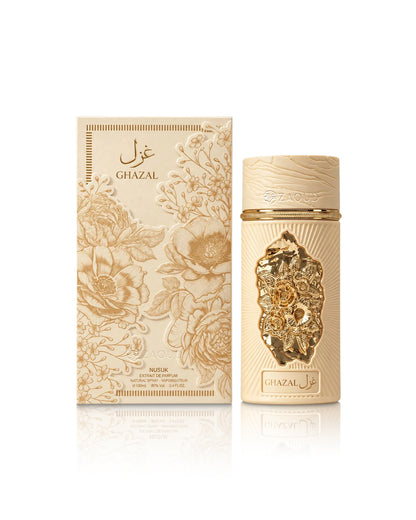 nusuk ghazal perfume bottle shows beside its packaging against white background