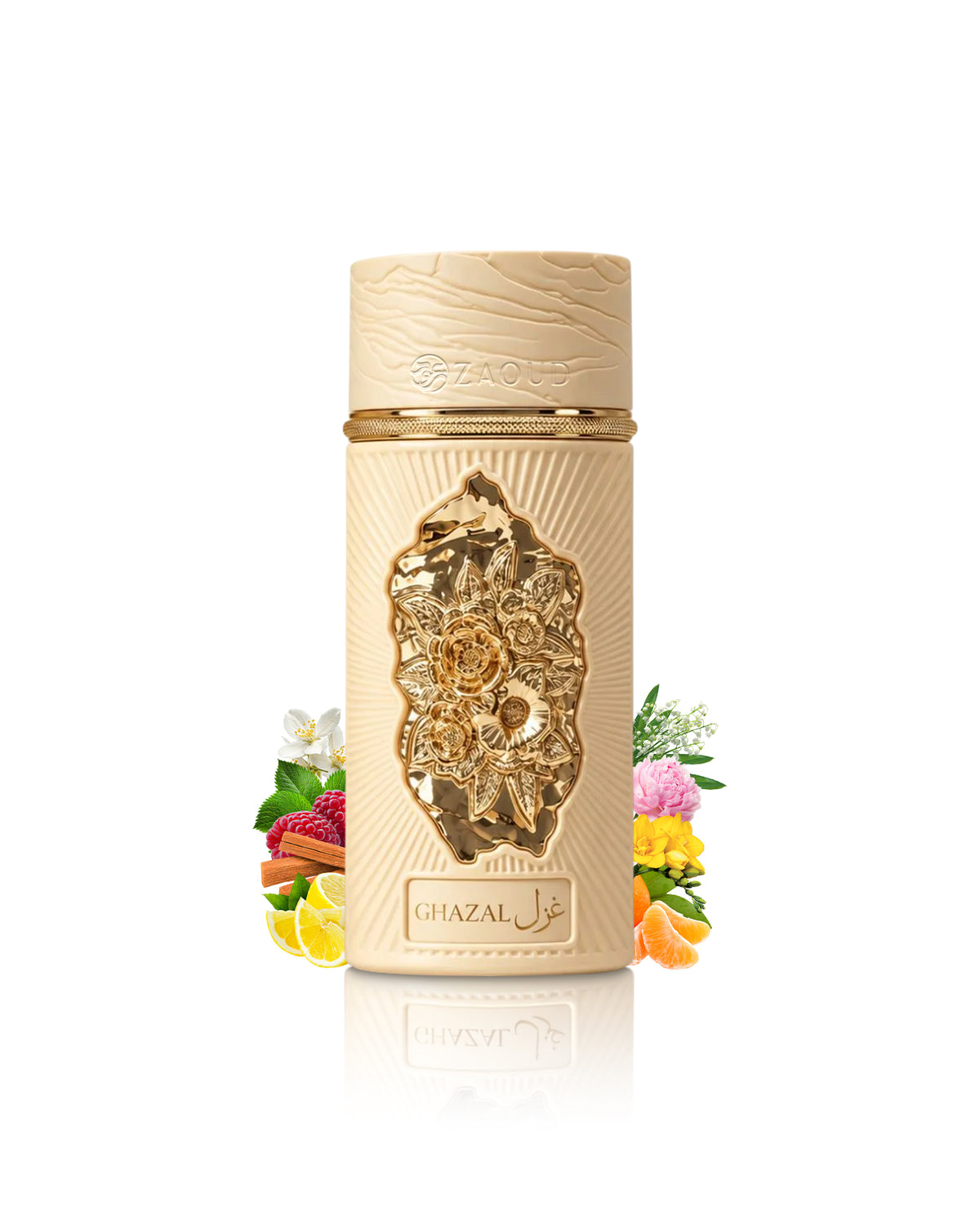 nusuk ghazal perfume bottle surrounded with fragrance notes like orange and flowers shows against white background