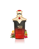 nusuk gladius perfume bottle surrounded by fragrance notes like cardamom and raspberry shows against white background