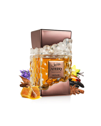 nusuk ateeq perfume bottle surrounded by fragrance notes like honey and spices shows against white bckground