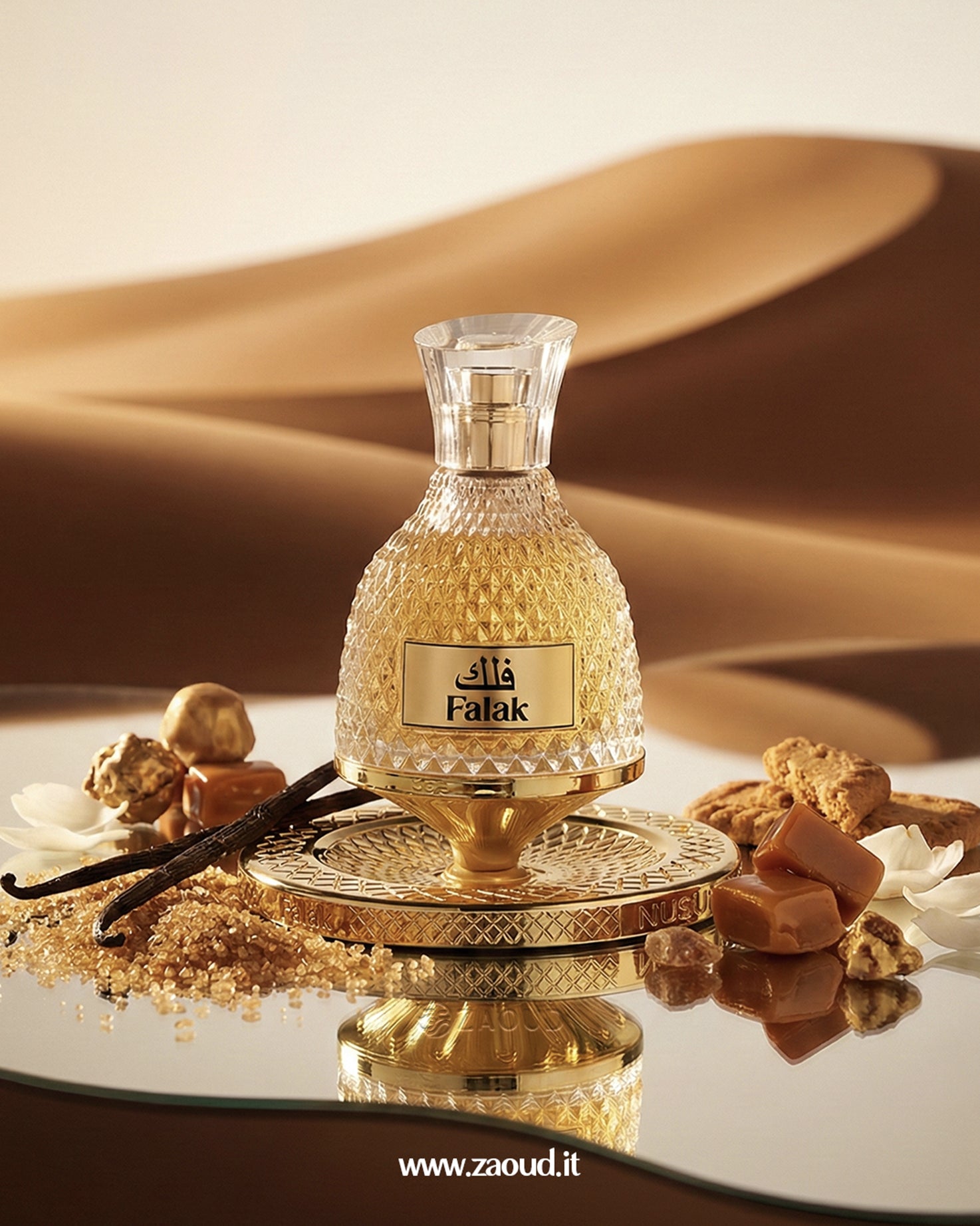 nusuk-falak-edp Perfume bottle labeled 'Falak' with desert sand background