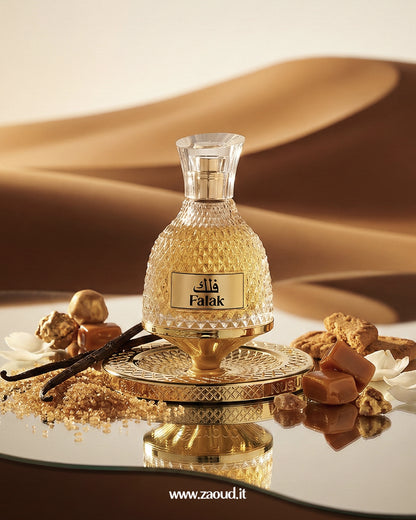 nusuk-falak-edp Perfume bottle labeled 'Falak' with desert sand background