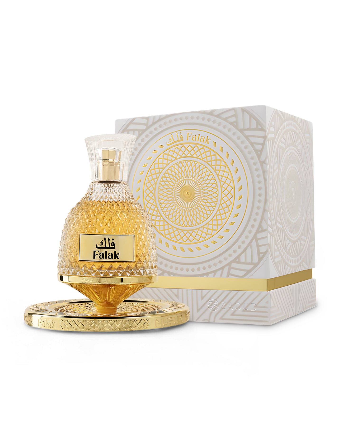 nusuk falak perfume bottle shows beside packaging against white background