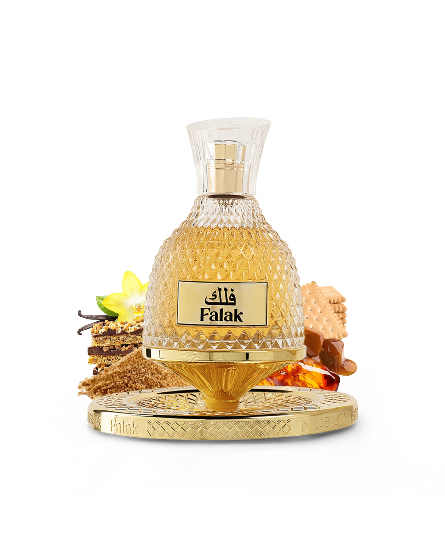 nusuk falak perfume bottle surrounded by fragrance notes like brown sugar and amber shows against white background