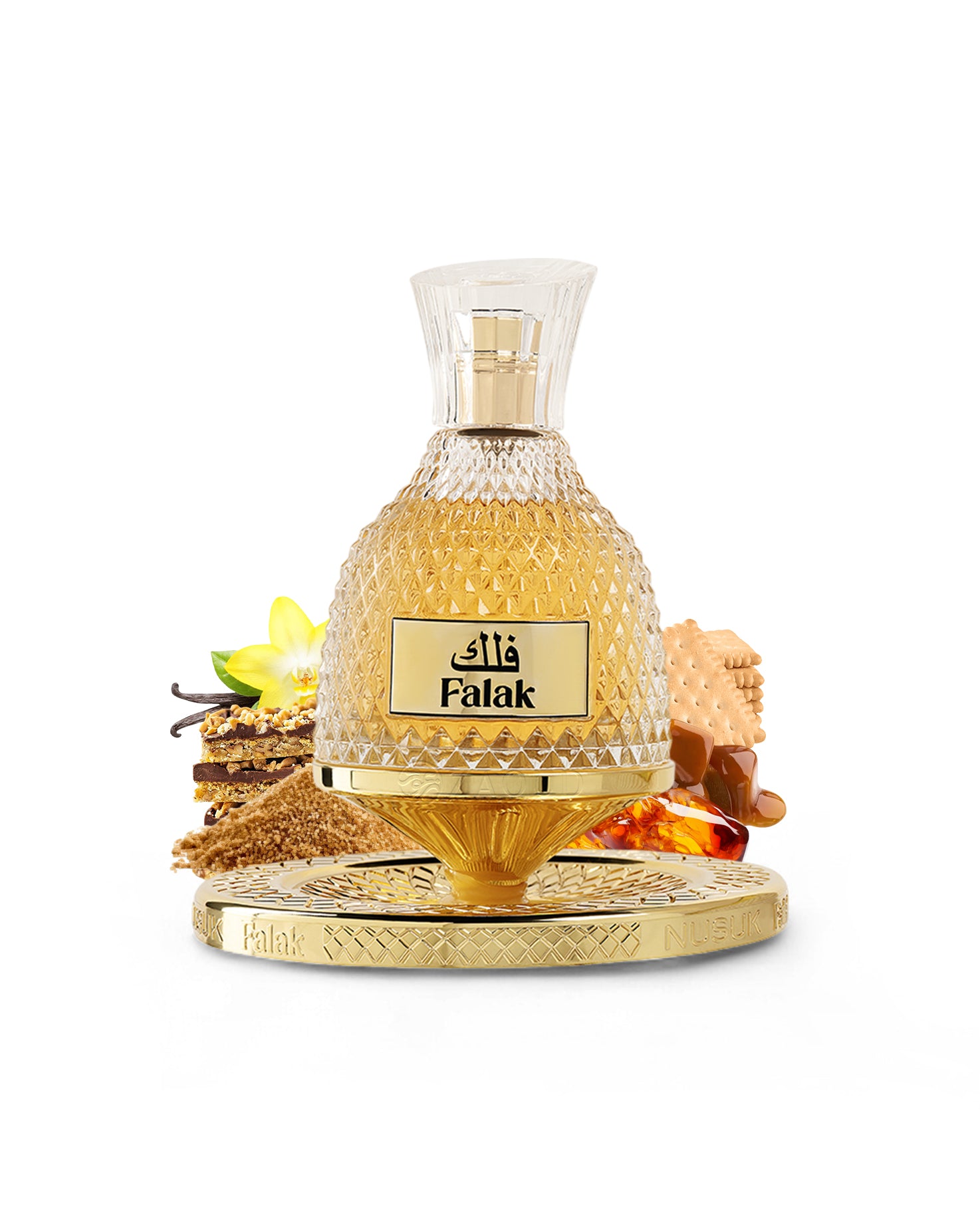 nusuk falak perfume bottle surrounded by fragrance notes like brown sugar and amber shows against white background