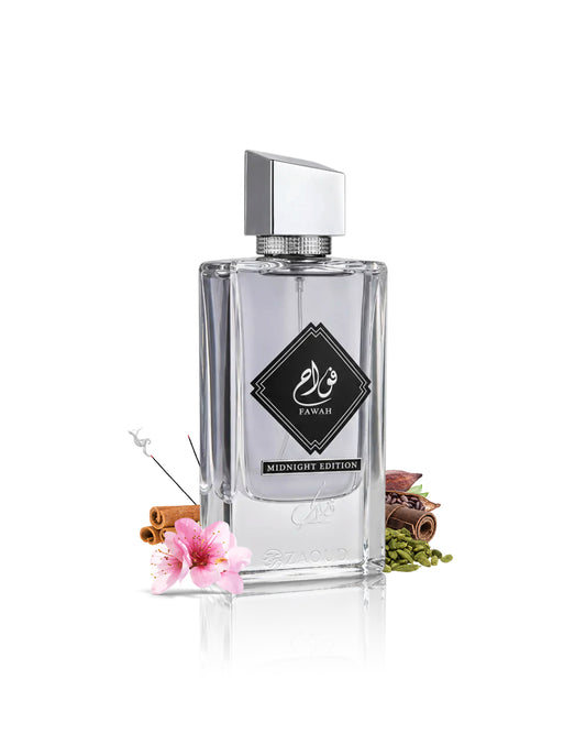 nusuk fawah midnight edition perfume bottle surrounded by fragrance notes like flowers and cardamom shows against white background