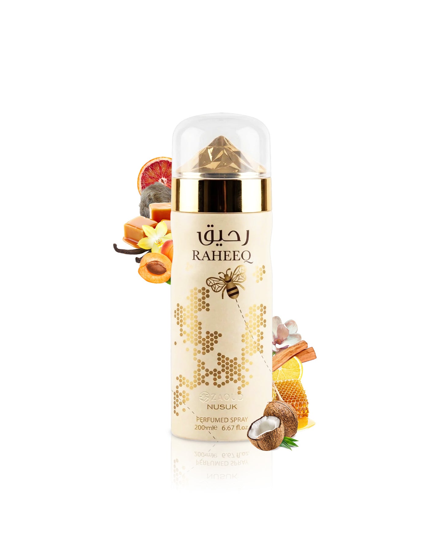 nusuk raheeq deodorant bottle surrounded by fragrance notes like coconut and apricot shows against white background