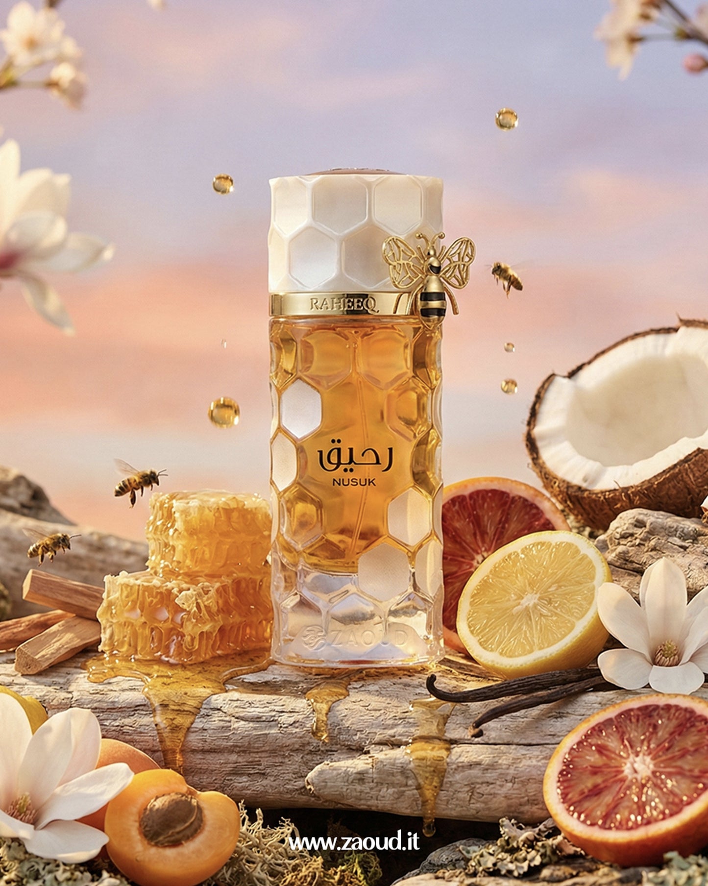 nusuk-raheeq-edp Perfume bottle with natural elements like flowers, fruits, and honeycomb on a scenic background