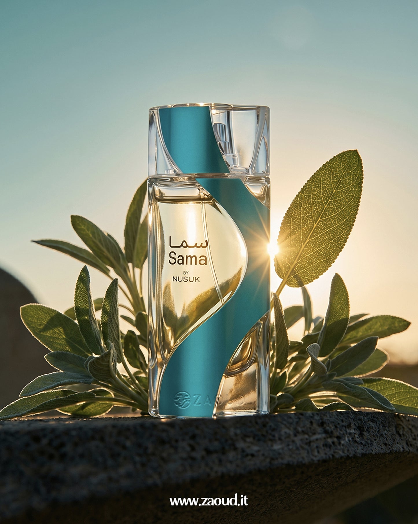 Nusuk SAMA perfume bottle with sage leaves and sunlight, representing a fresh citrus ozonic aquatic fragrance.