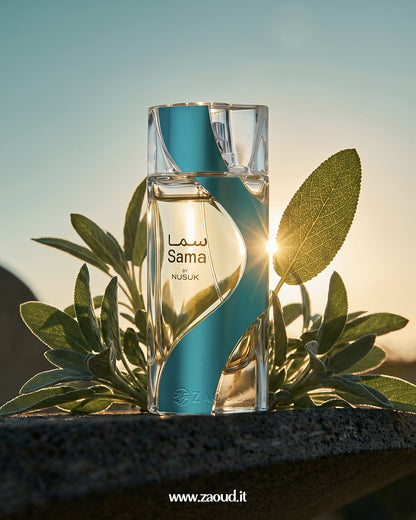 Nusuk SAMA perfume bottle with sage leaves and sunlight, representing a fresh citrus ozonic aquatic fragrance.