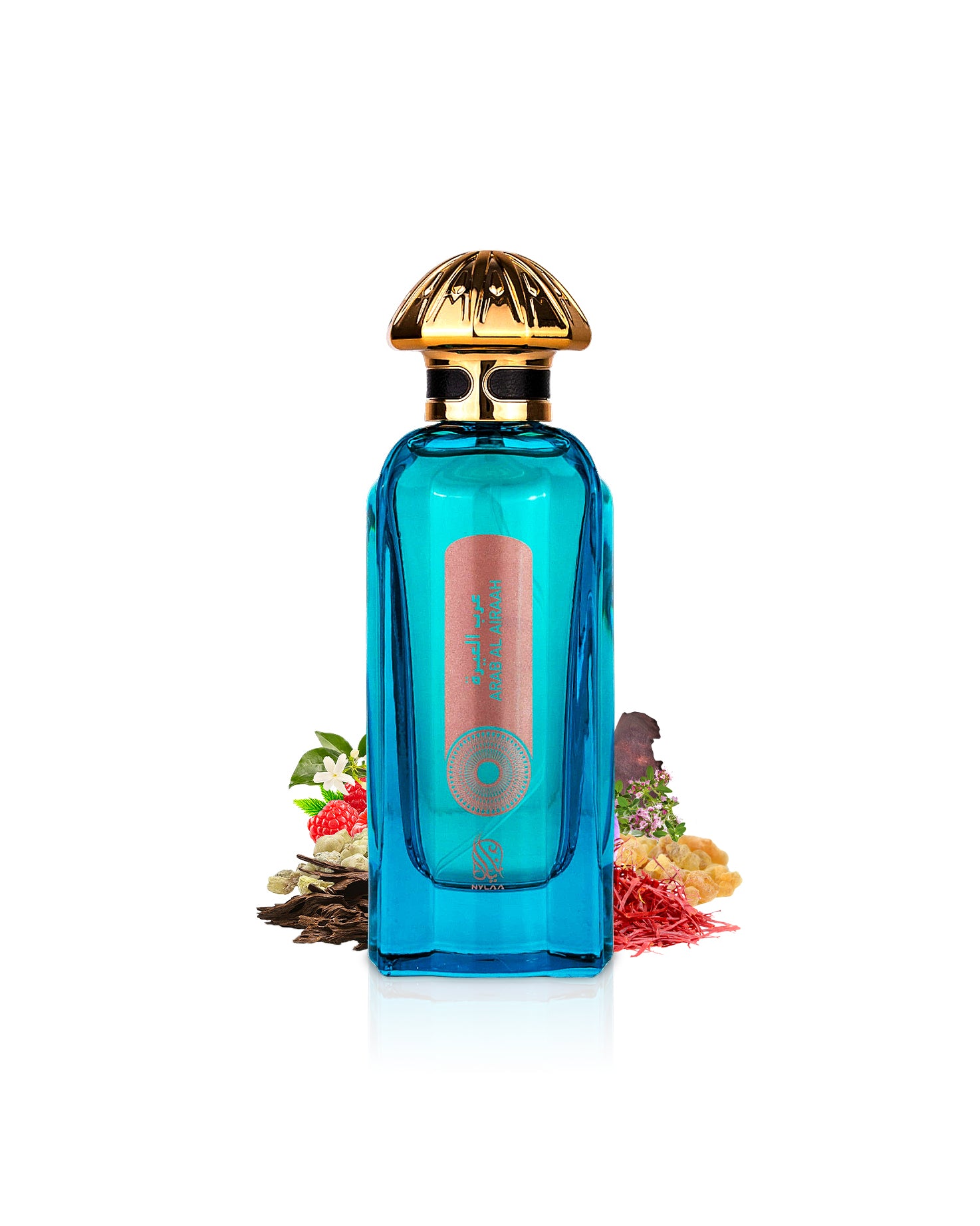 nylaa arab al airah perfume bottle surrounded by fragrance notes like saffron and oud shows against white background