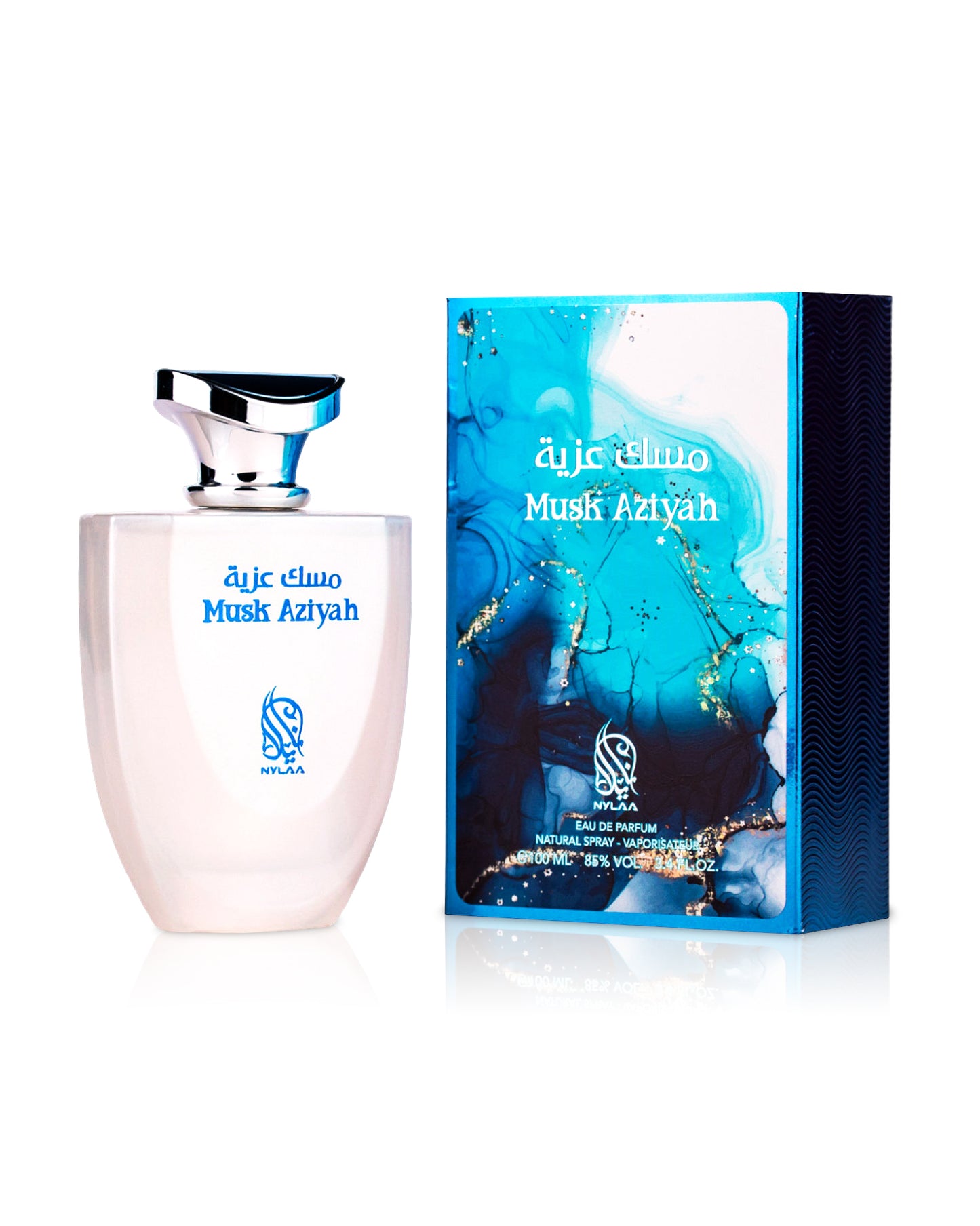 nylaa musk aziyah perfume bottle shows beside its box against white background