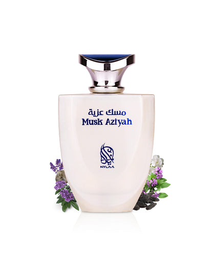 nylaa musk aziyah perfume bottle surrounded by fragrance notes like tonka beans shows against white background